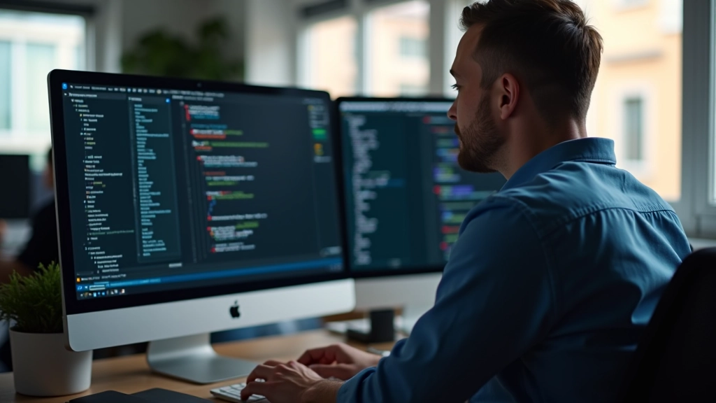 Pessoa a trabalhar num monitor duplo com código CSS visível e layout responsivo em construção