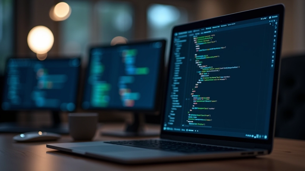 Tela de desenvolvimento mostrando código de otimização e métricas de performance em tempo real