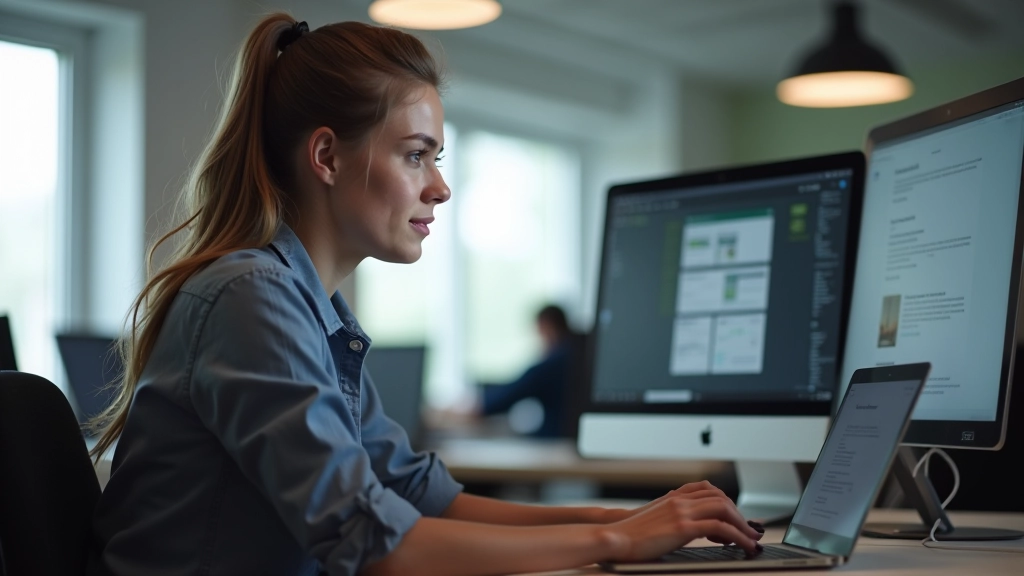 Desenvolvedora trabalhando em laptop testando compatibilidade de website em múltiplos navegadores simultaneamente