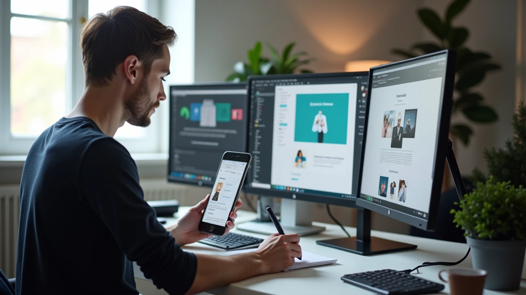 Ambiente moderno de design web com múltiplos dispositivos exibindo layouts responsivos e interface profissional