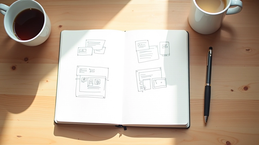 Notebook aberto com anotações sobre design responsivo ao lado de caneta e café