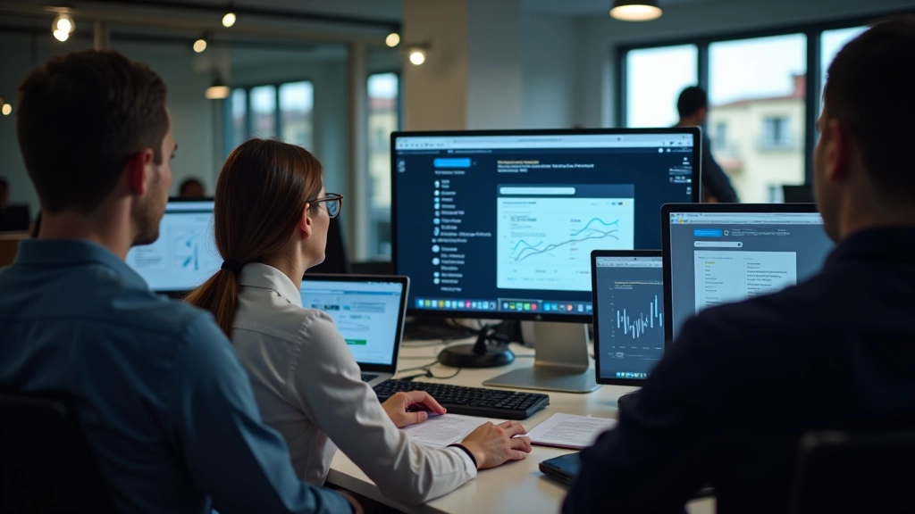 Processo de desenvolvimento web com múltiplas telas mostrando fases de design, testes e otimização, ambiente profissional de trabalho